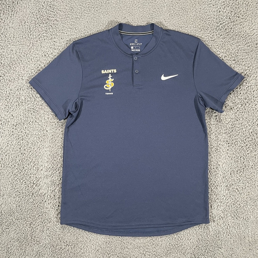 Nike Dri Fit Henley Shirt Womens Medium Saints Tennis Blue Short Sleeve Athletic